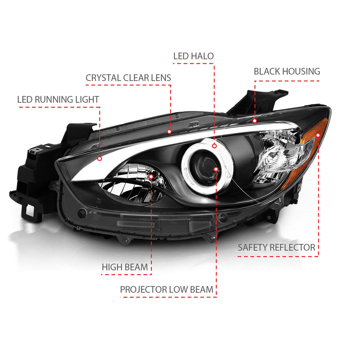 Headlight Set Projector w/Halo Clear Lens Black Housing Pair Mazda CX-5 2013-2014 AnzoUSA-4