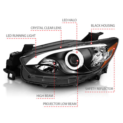 Headlight Set Projector w/Halo Clear Lens Black Housing Pair Mazda CX-5 2013-2014 AnzoUSA-4