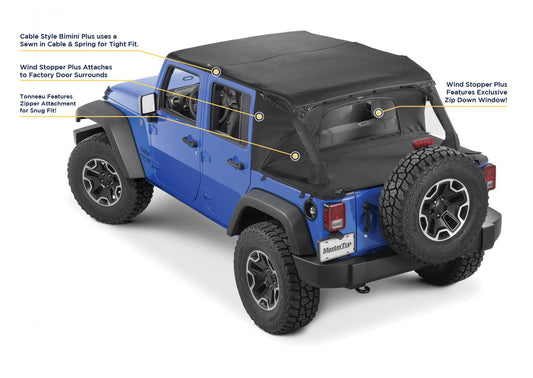 Jeep JK Combo For Soft Top Equipped Cable Style Bimini Top Plus 07-09 Wrangler JK 4 Door w/s Header Includes Conversion Kit WindStopper Plus and Tonneau MasterTwill MasterTop-1