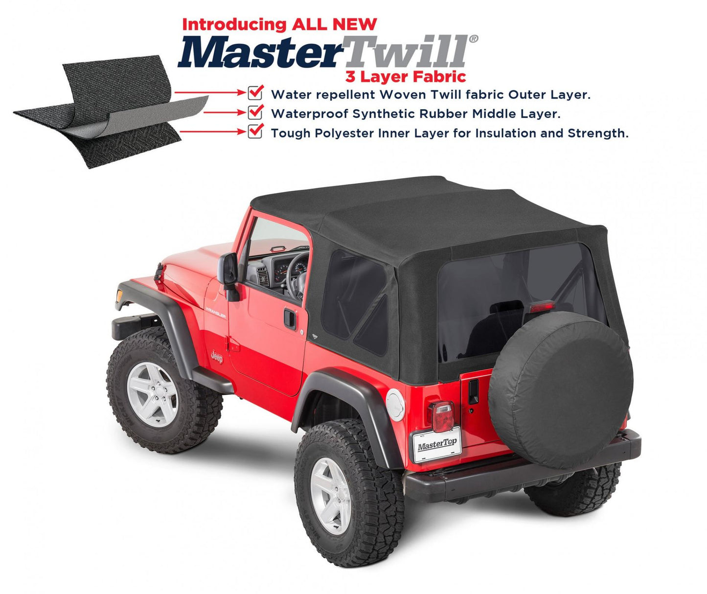 MasterTop Jeep Replacement Top With Doorskins Tinted Glass For 97-06 Wrangler TJ Black MasterTwill MasterTop