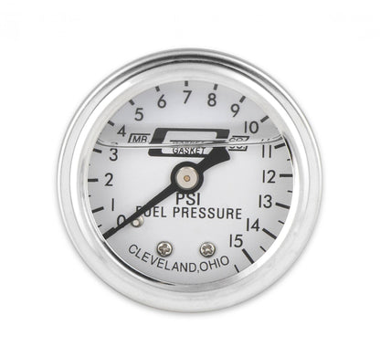 Fuel Pressure Gauge 0-15 PSI 1/2 Inch Diameter Liquid Filled Fits carburetted applications Mr Gasket