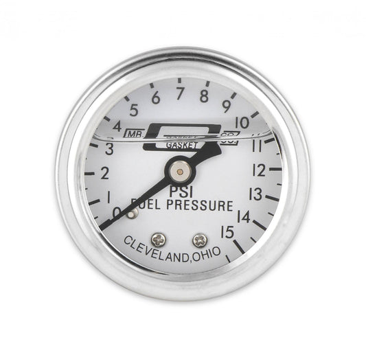 Fuel Pressure Gauge 0-15 PSI 1/2 Inch Diameter Liquid Filled Fits carburetted applications Mr Gasket