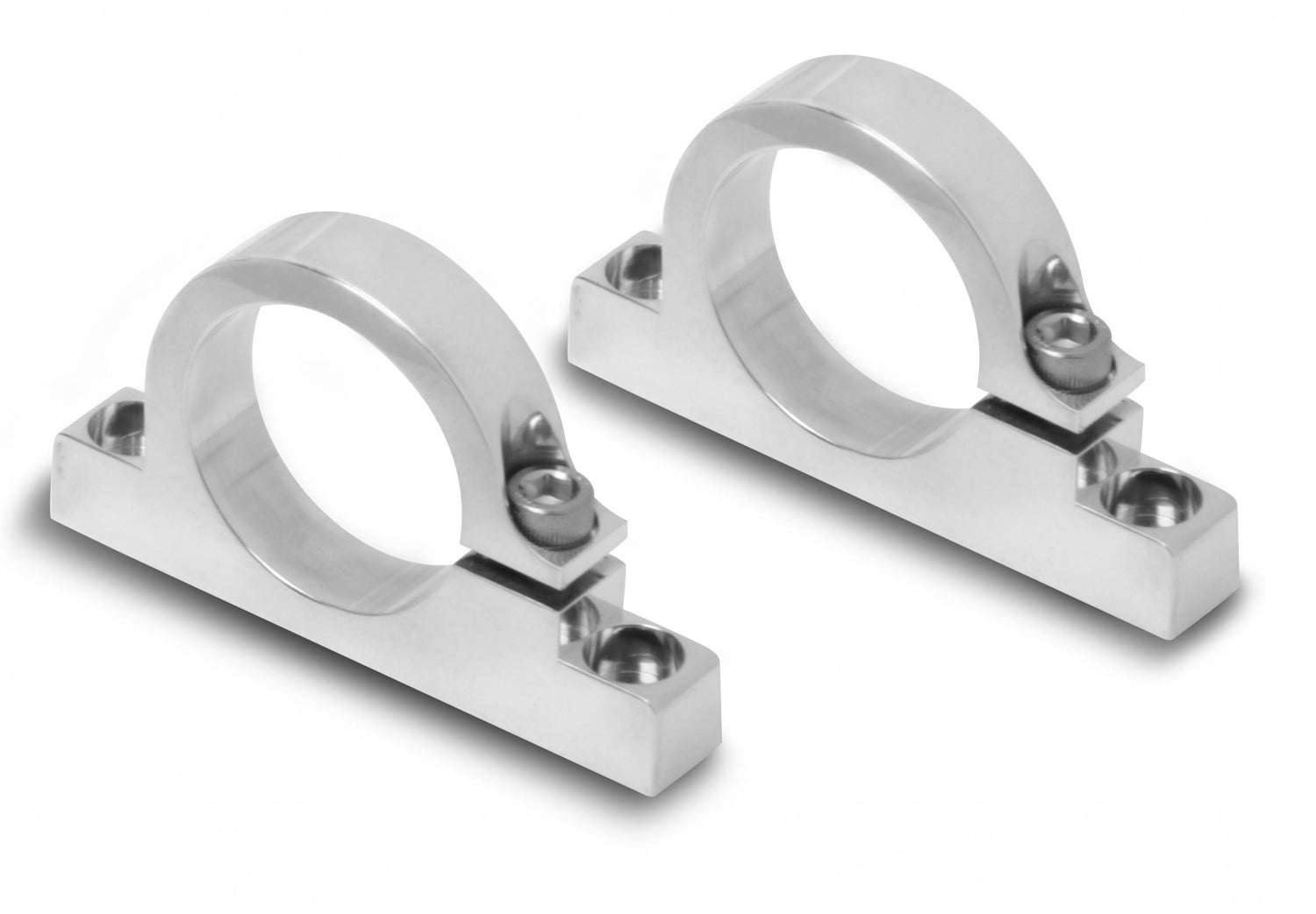 Polished Mounting Bracket for HP Billet Fuel Filters Fits 100 GPH HP Billet Fuel Filter W/ 1.5 Diameter (38.1 Mm) I.D Mounting Bolt Holes C/l to C/l = 2.75 & Use W/ 1/4 Mounting Bolts Each Bracket Is 1/2 Thick Holley