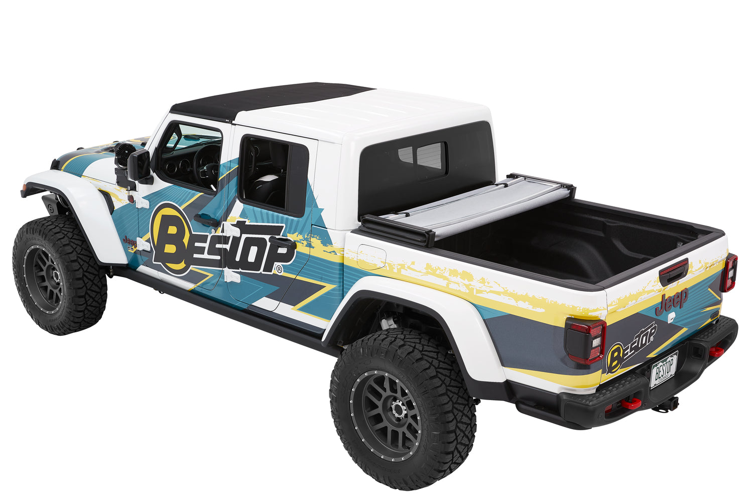 EZ-Fold Soft Tri-Fold Tonneau Cover For Jeep 2020-2024 Gladiator Black Diamond Tailgate Spoiler Not Included Bestop-3