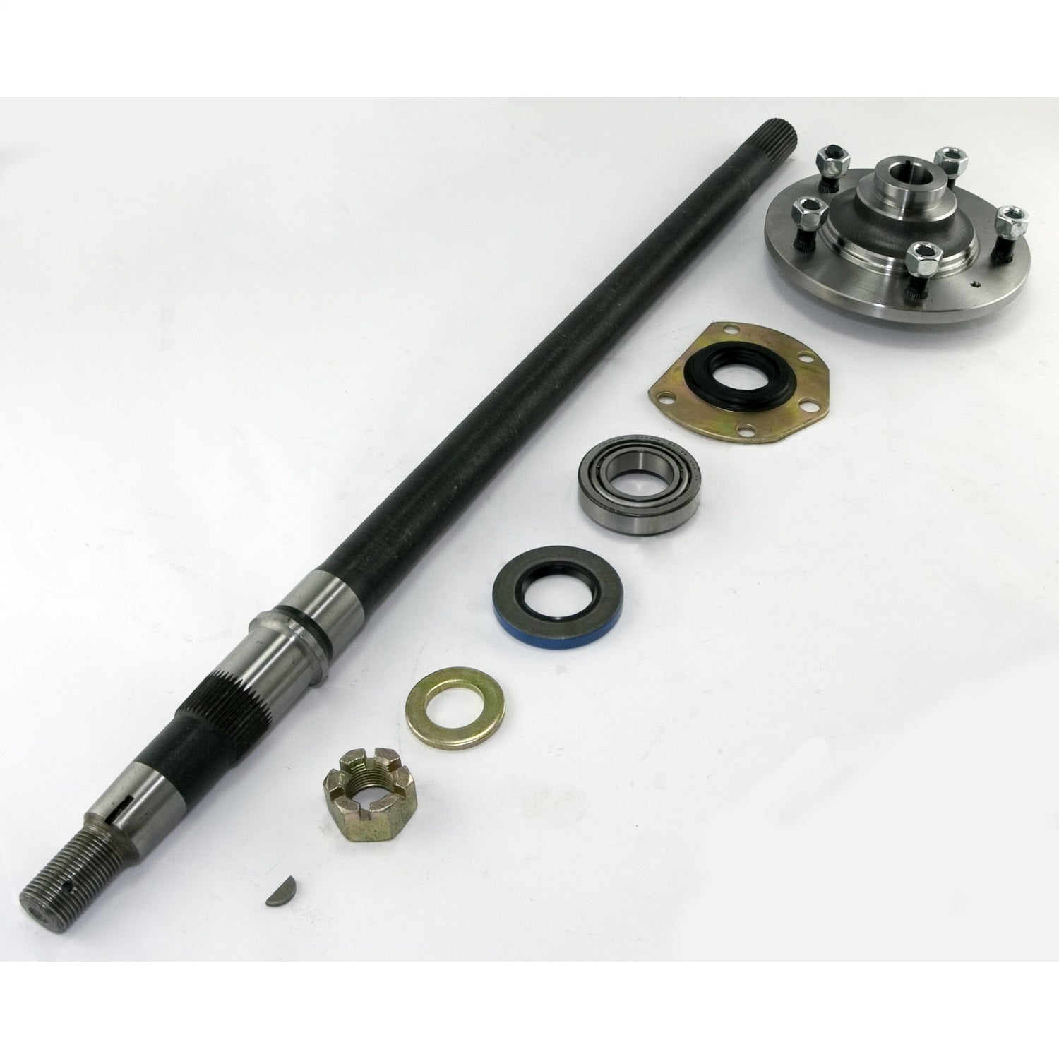 Axle Shaft Kit Amc 20 29.25 Inch Includes Axle Shaft/Hub/Bearing/Cup/Inner Oil Seal/Outer Oil Seal/Nut/Washer/Key Kit Fits The Driver Side Of 76-83 CJ5, 76-81 CJ7 And 81 CJ8 Scrambler OMIX