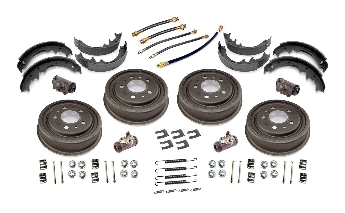 Drum Brake Overhaul Kit-Complete Front And Rear Includes Whl Cyls Drms Shoes Hose/Hose Clips Rtrn Spgs Anchr Pns 1953-1967 CJ3B 1952-1971 M38A1 1955-1965 CJ5/CJ6 OMIX
