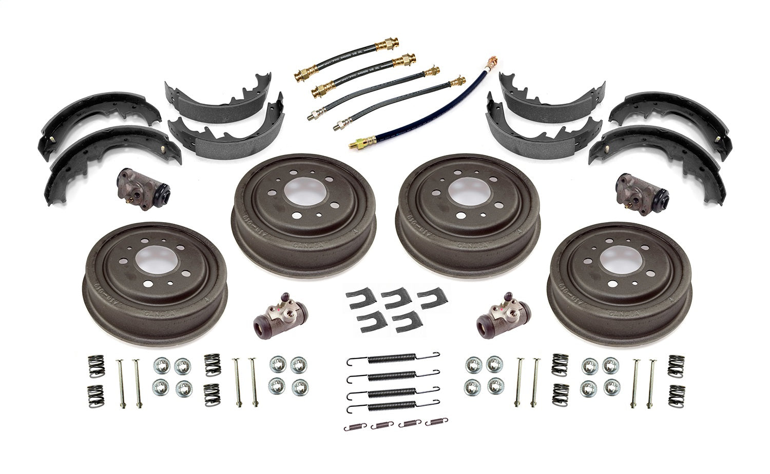 Drum Brake Overhaul Kit-Complete Front And Rear Includes Whl Cyls Drms Shoes Hose/Hose Clips Rtrn Spgs Anchr Pns 1953-1967 CJ3B 1952-1971 M38A1 1955-1965 CJ5/CJ6 OMIX