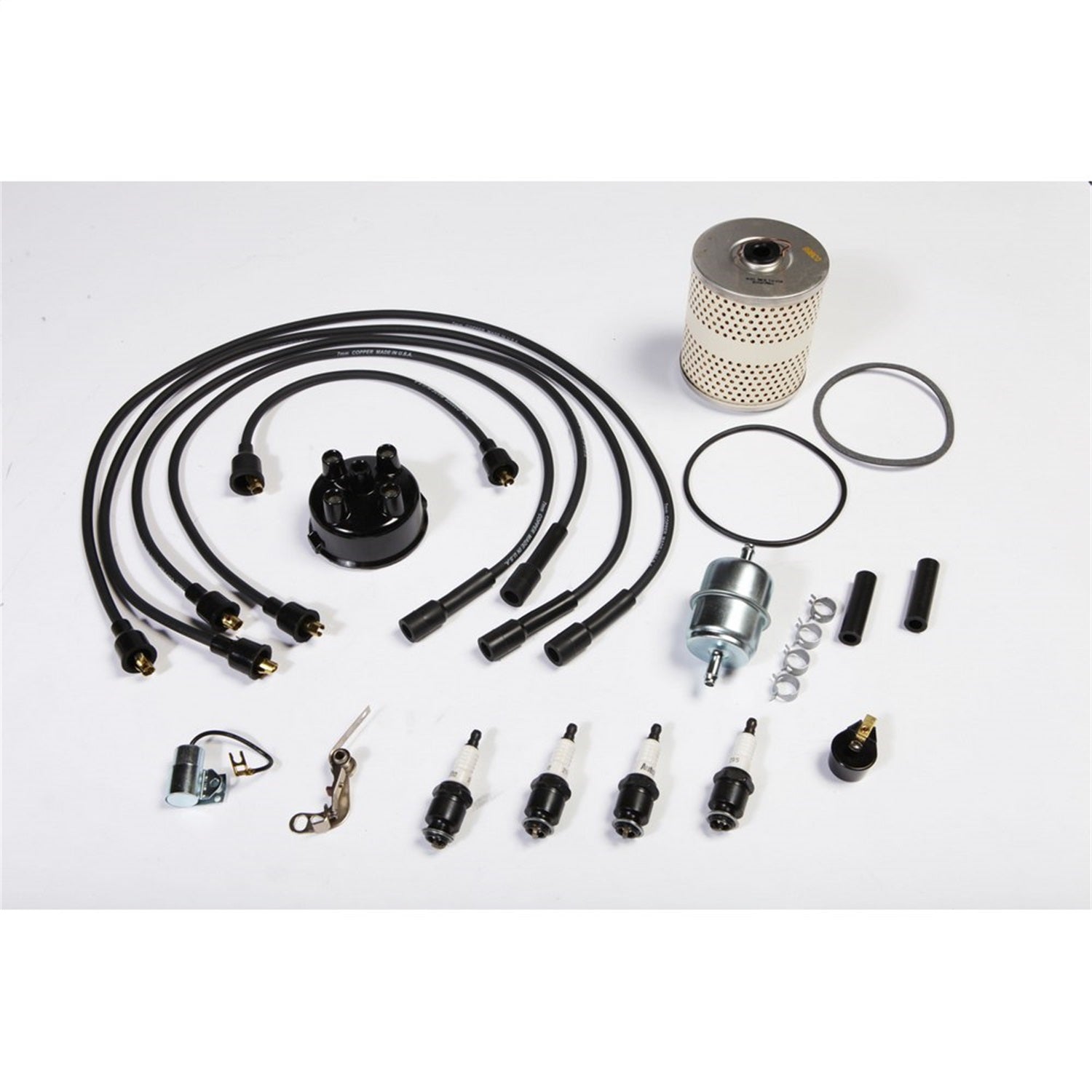 Tune-Up Kit Includes Oil Filter/Fuel Filter/Point Set/Spark Plugs/Spark Plug Wires/Distributor Cap/Ignition Rotor/Condenser For Drop-In Oil Filter 1955-1966 CJ5/CJ6 And 1953-1967 CJ3B OMIX