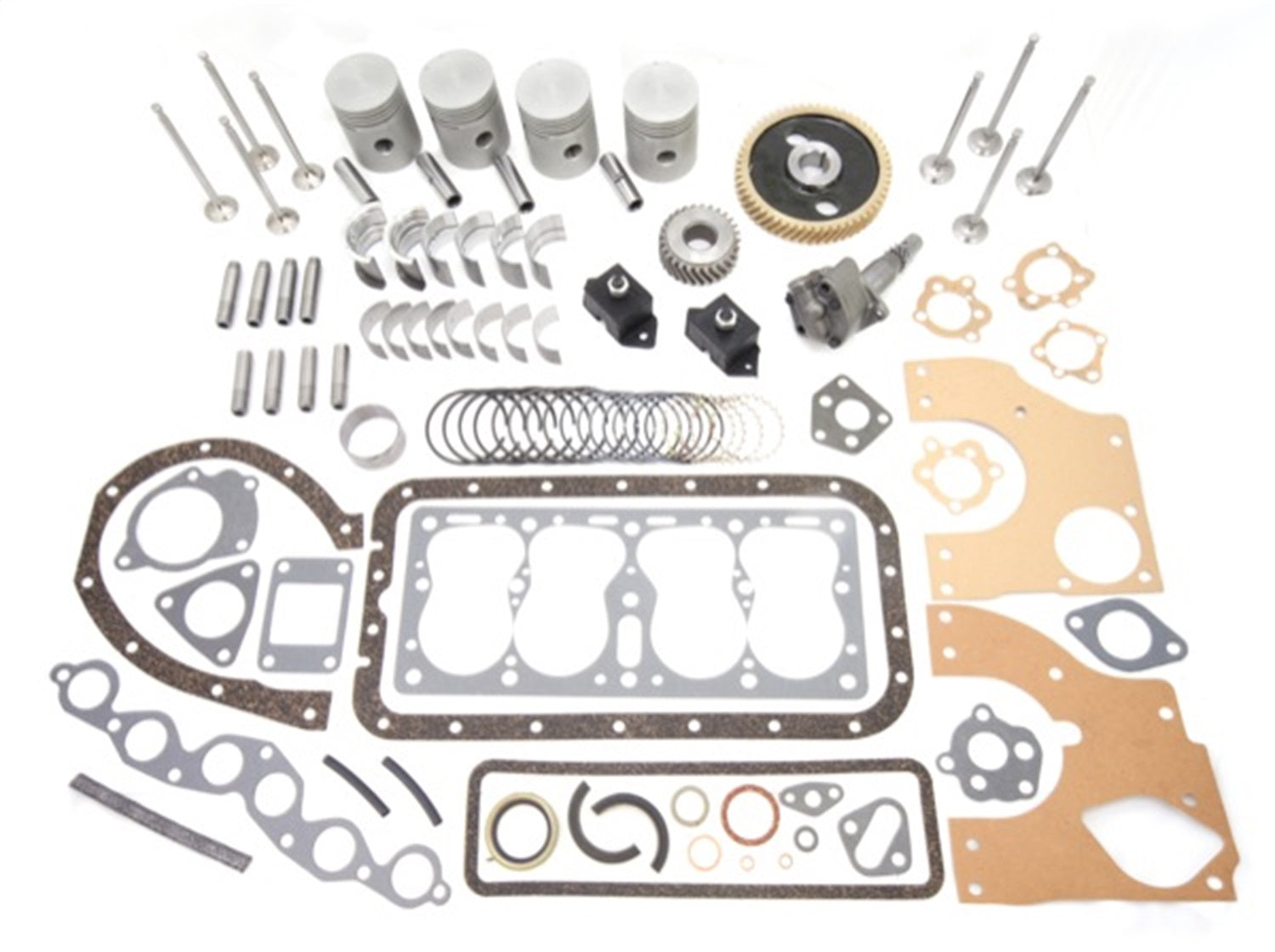 Engine Overhaul Kit Includes Pistons/Rings/Main And Rod Bearings/Cam Bearing/Timing Kit/Full Gskt And Seal Kit/Valves/Valve Gds/Oil Pump/Engine Mounts 1945-1949 CJ2A 1948-1953 CJ3A And 1950-1952 M38 OMIX