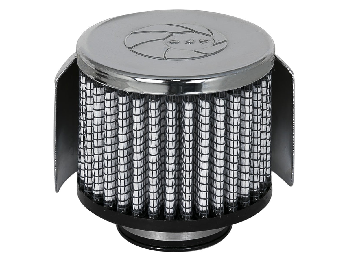 Magnum Flow Crankcase Vent Filter w/ Pro Dry S Media 1-3/8 Inch F x 3 Inch B x 3 Inch T x 2-1/2 Inch H - w/ Chrome Heat Shield aFe Power