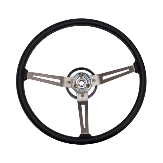 Steering Wheel Metal 3-Spoke Design Black w/Leather Trim 1976-1983 CJ5 1976-1986 CJ7 1981-1986 CJ8 Scrambler And 1987-1995 Wrangler YJ OMIX