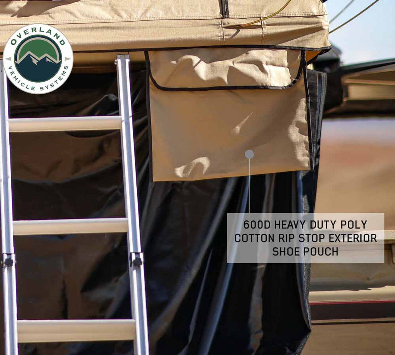 Overland Vehicle Systems LD TMBK 3 Roof Top Tent With Annex - Tan Base With Green Rain Fly, Black Aluminum Base, Black Ladder Overland Vehicle Systems