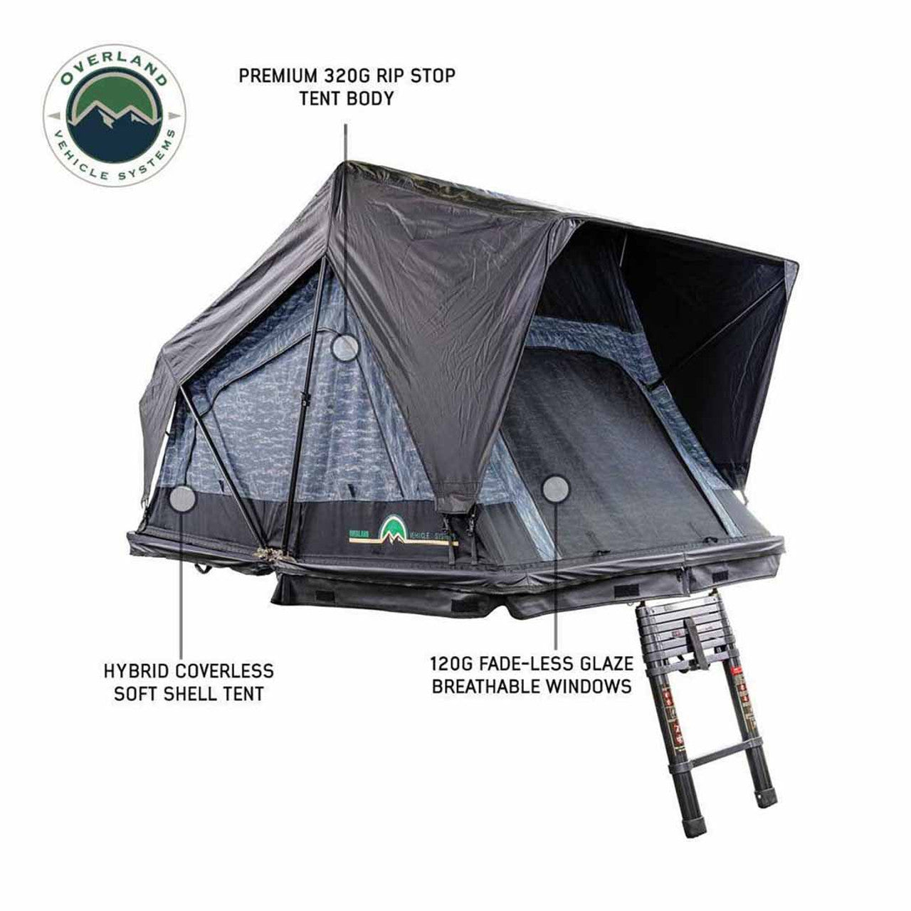 Overland Vehicle Systems XD Sherpa S4S - Soft Sided Roof Top Tent, 4 Person, Grey Body and Black Rainfly Overland Vehicle Systems