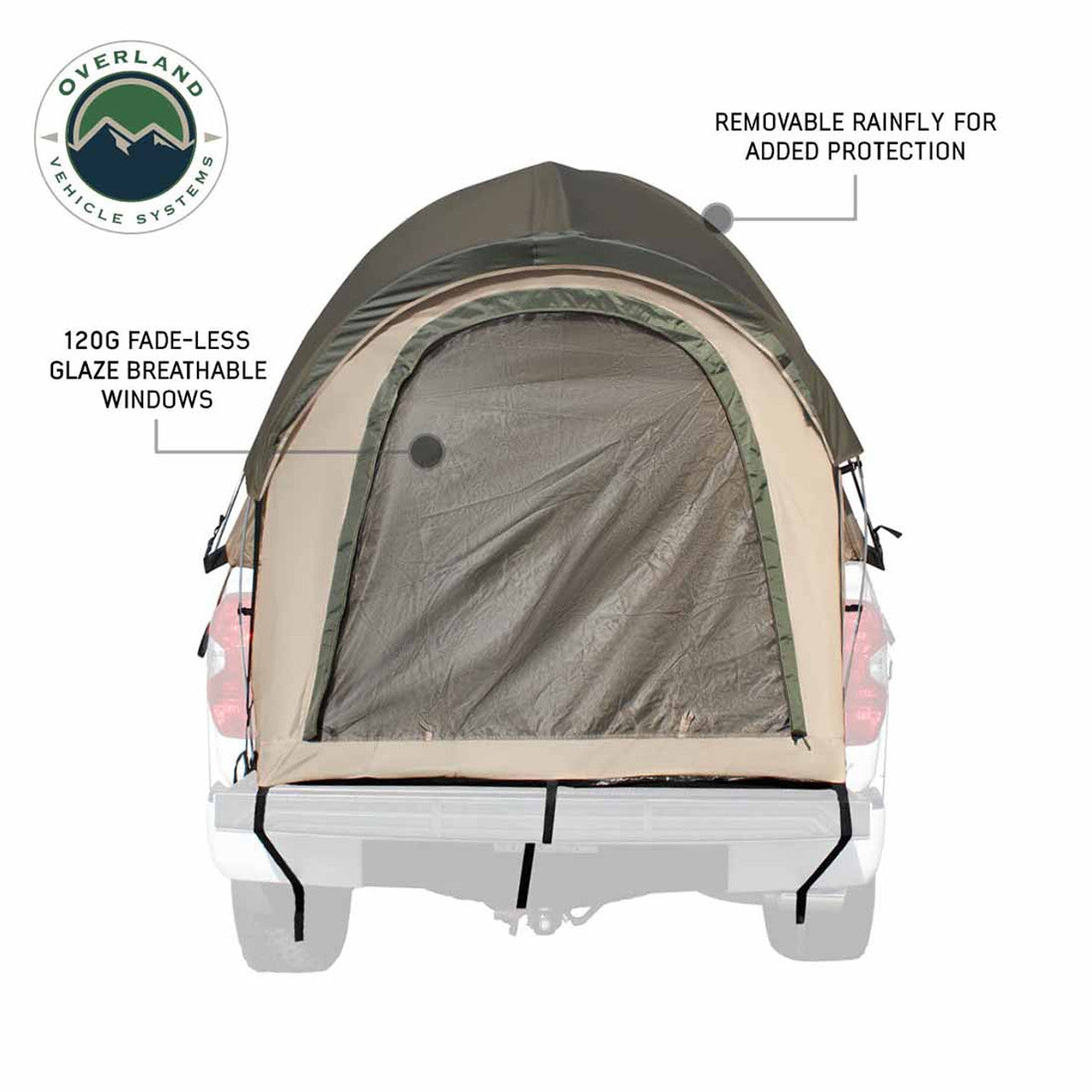 Overland Vehicle Systems LD TACT - Bed Tent Mid Size 5.0-5.2 Foot, Tan Body and Green Rainfly Overland Vehicle Systems