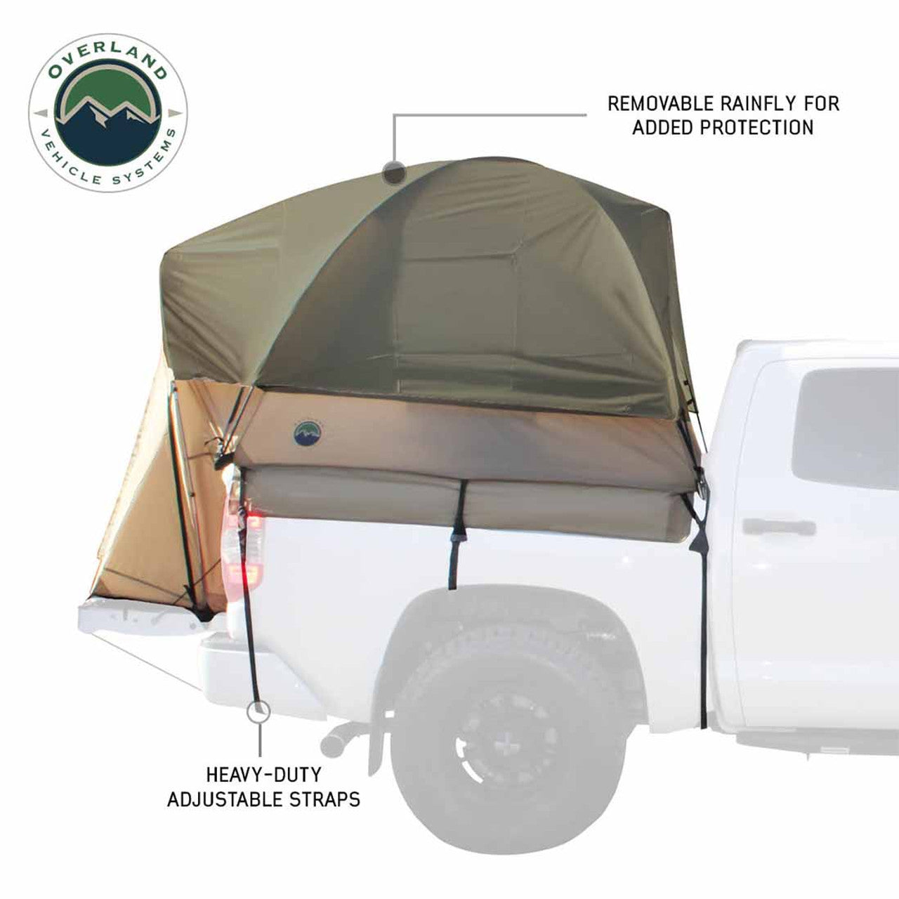 Overland Vehicle Systems LD TACT - Bed Tent Mid Size 5.0-5.2 Foot, Tan Body and Green Rainfly Overland Vehicle Systems