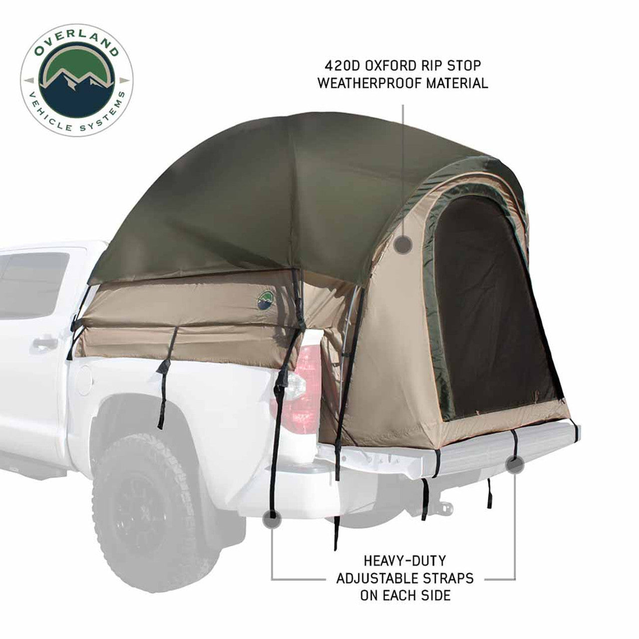 Overland Vehicle Systems LD TACT - Bed Tent Full Size 5.5-5.8 Foot, Tan Body and Green Rainfly Overland Vehicle Systems