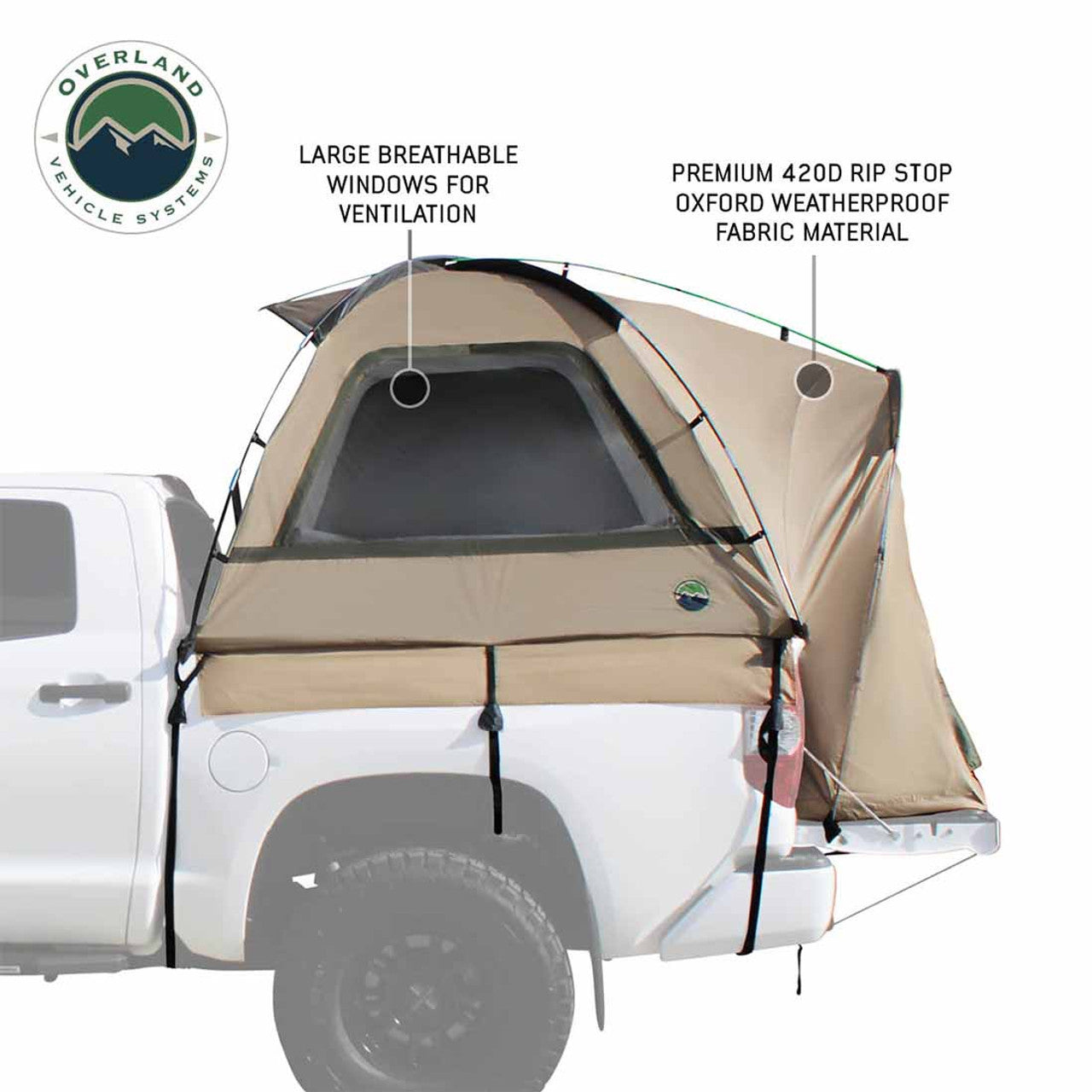 Overland Vehicle Systems LD TACT - Bed Tent Full Size 6.5 Foot, Tan Body and Green Rainfly Overland Vehicle Systems