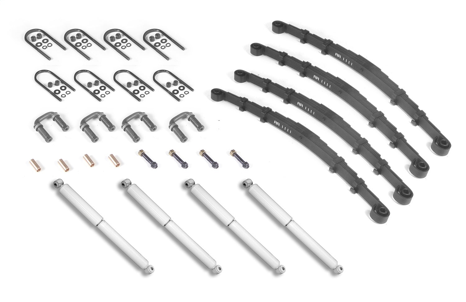 Suspension Master Rebuild Kit Includes Leaf Springs Shocks U-Bolts Bushings Spring Bolts Shackles If Necessary 1941-1945 MB/GPW 1946-1949 CJ2A 1949-1953 CJ3A 1950-1952 M38 And 1953-1968 CJ3B OMIX