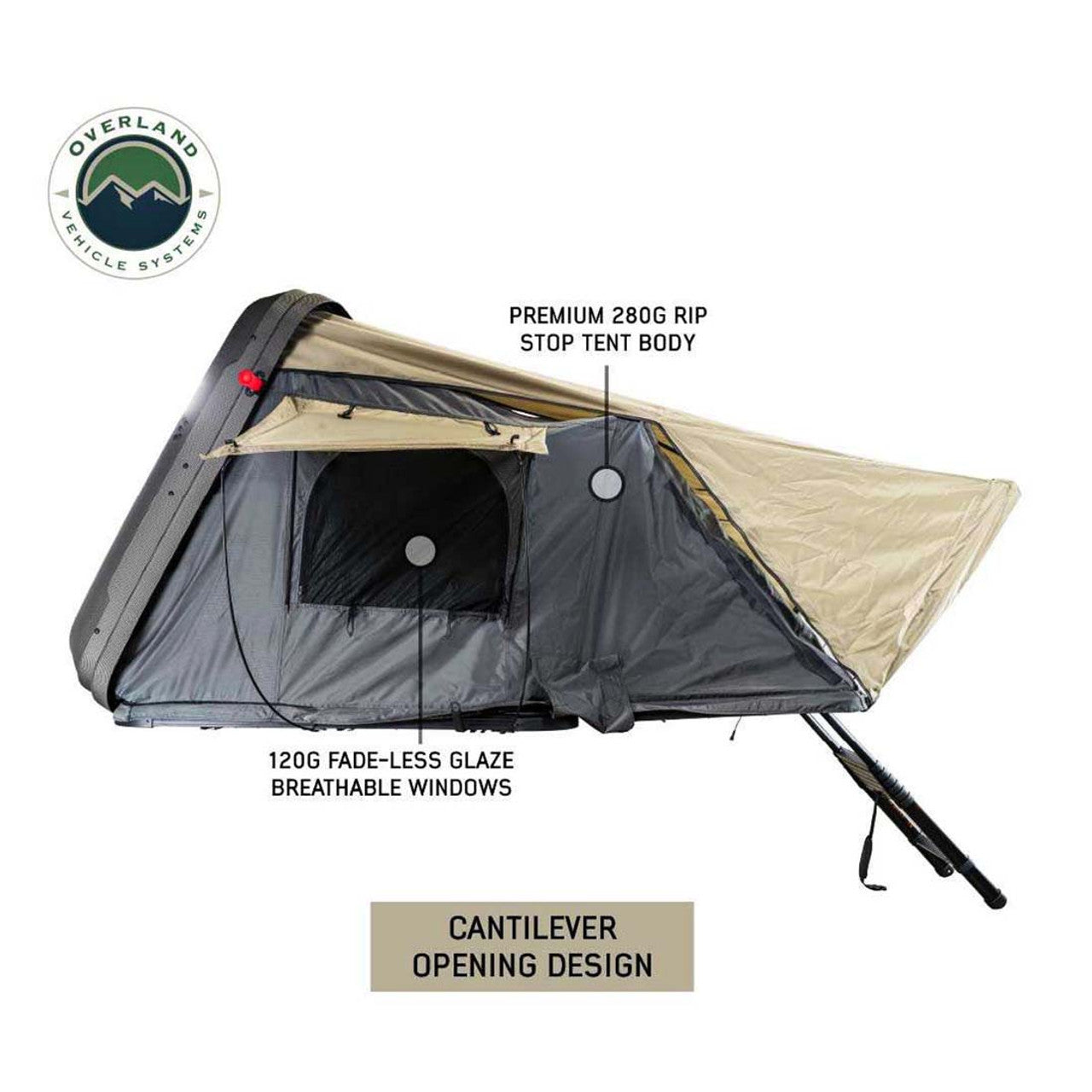Overland Vehicle Systems HD Bundu 4 - Hard Shell Roof Top Tent, 4 Person, Grey Body and Black Rainfly Overland Vehicle Systems