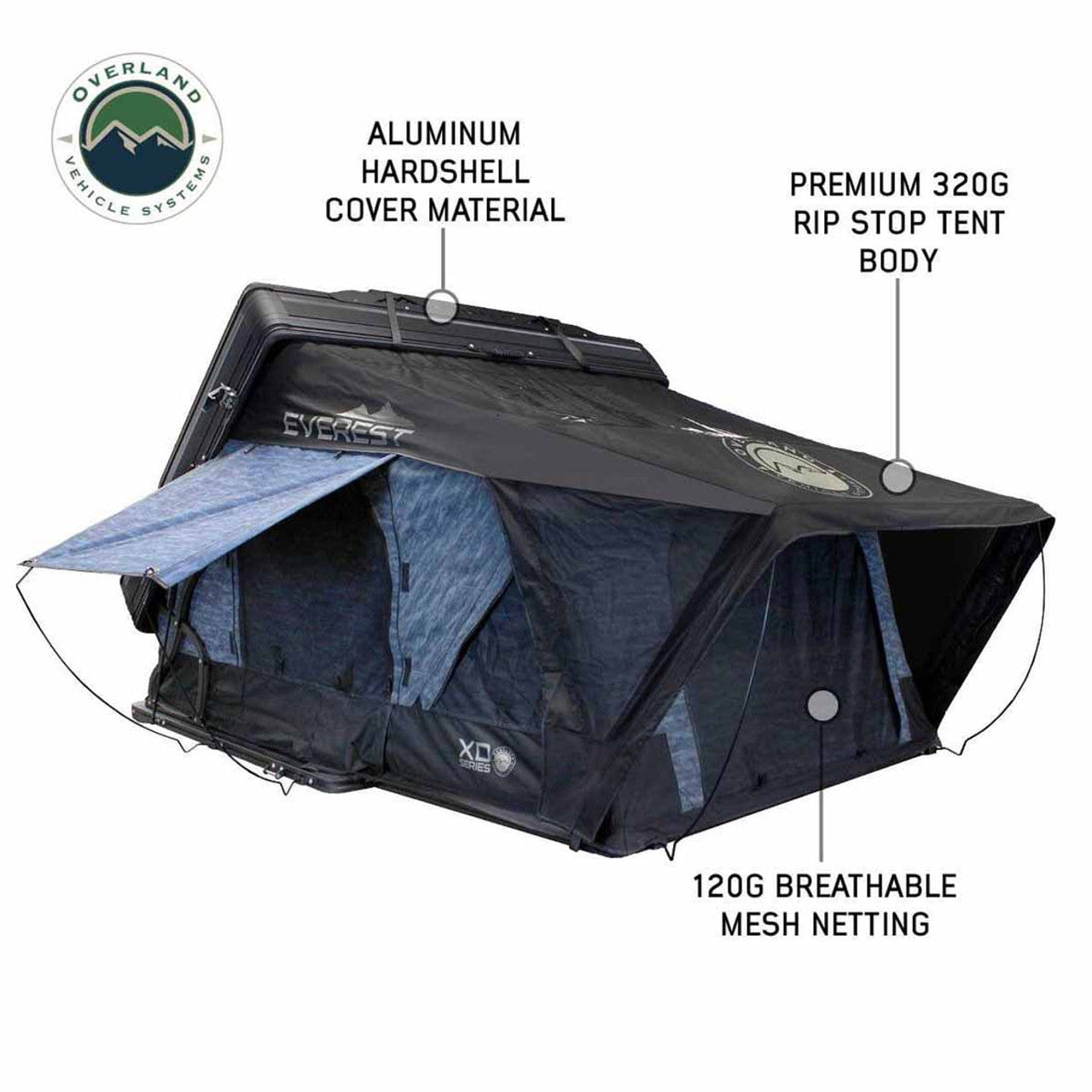 Overland Vehicle Systems XD Everest 2 - Cantilever Aluminum Roof Top Tent, 2 Person, Grey Body and Black Rainfly Overland Vehicle Systems