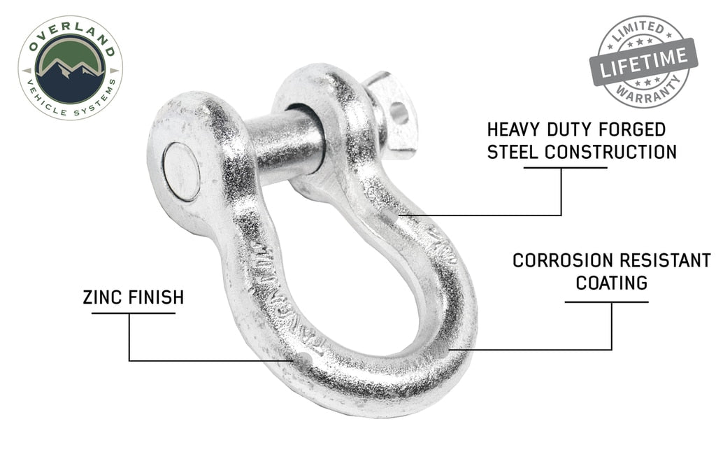 Overland Vehicle Systems Recovery Shackle 3/4 4.75 Ton Zinc - D Ring Recovery Shackle Overland Vehicle Systems
