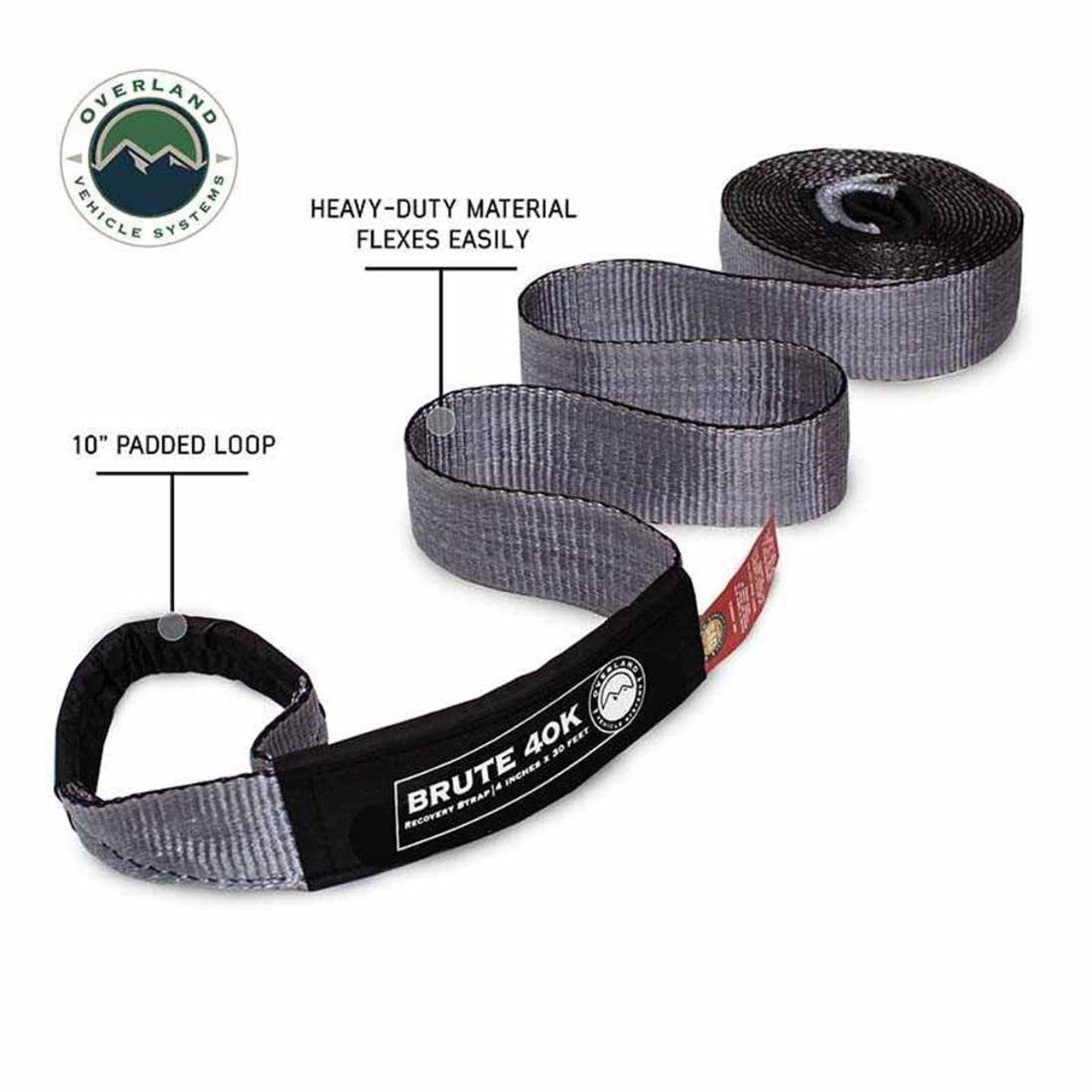 Tow Strap 4 Inch x 30 Foot Grey With Black Ends and Storage Bag Overland Vehicle Systems-1
