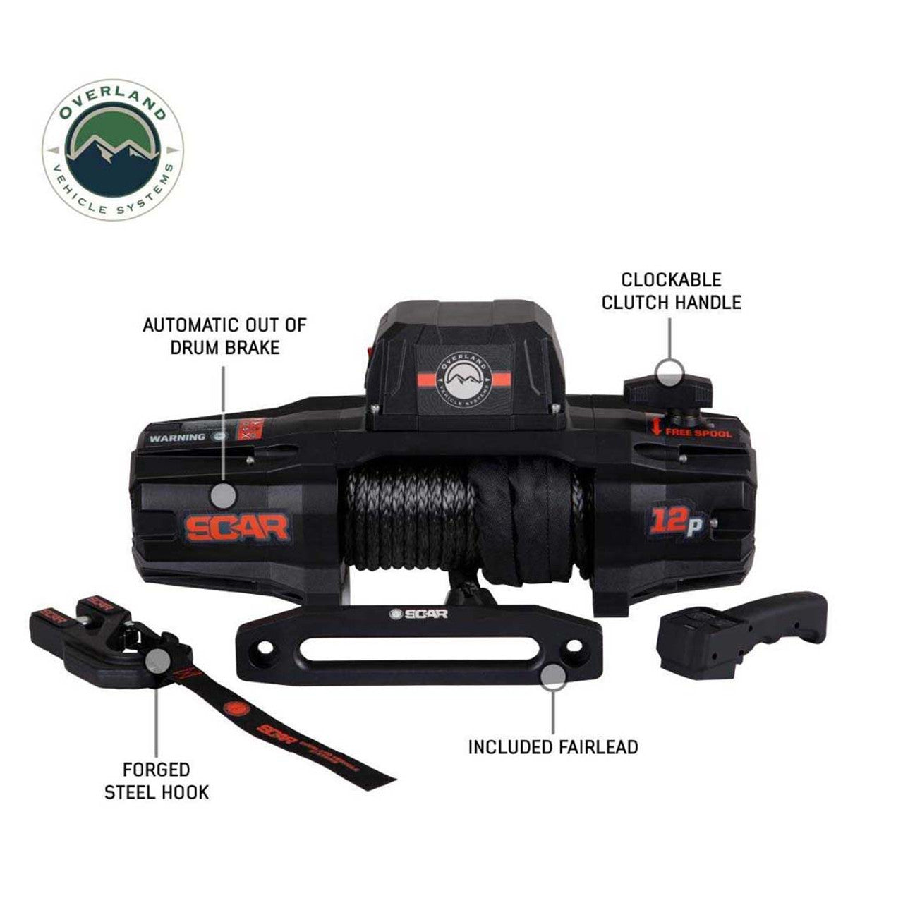 Overland Vehicle Systems SCAR 12P - 12,000 lb. Winch With Synthetic Rope and Wireless Remote Overland Vehicle Systems