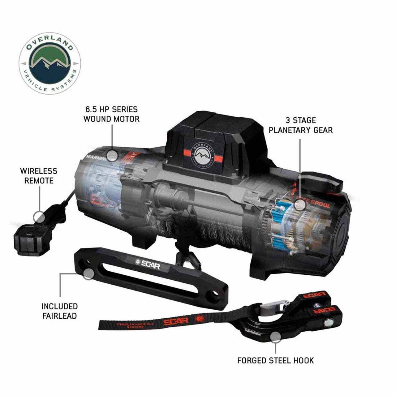 Overland Vehicle Systems SCAR 12P - 12,000 lb. Winch With Synthetic Rope and Wireless Remote Overland Vehicle Systems