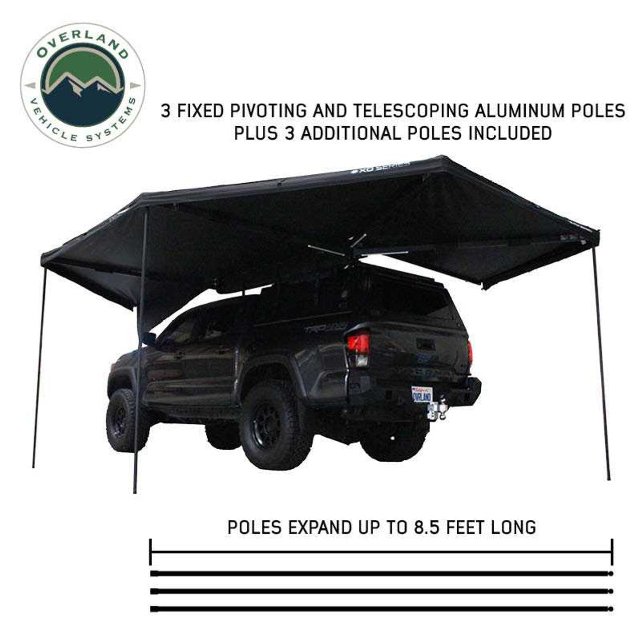 Overland Vehicle Systems XD Nomadic 270 - Awning W/Lights and Black Out , Passenger Side, Black Body, Black Trim and Black Travel Cover Overland Vehicle Systems