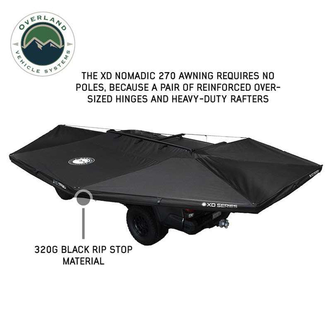 Overland Vehicle Systems XD Nomadic 270 - Awning, Lights, Black Out, Wall Kit, Passenger Side, Black Body, Black Trim and Black Travel Cover Overland Vehicle Systems