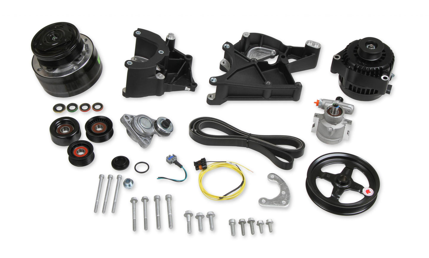 LS/LT High-Mount Complete Accessory Drive Kit- Black Finish Includes R4 A/C Compressor, Alternator, Power Steering Pump, Belt & Pulleys Holley-1
