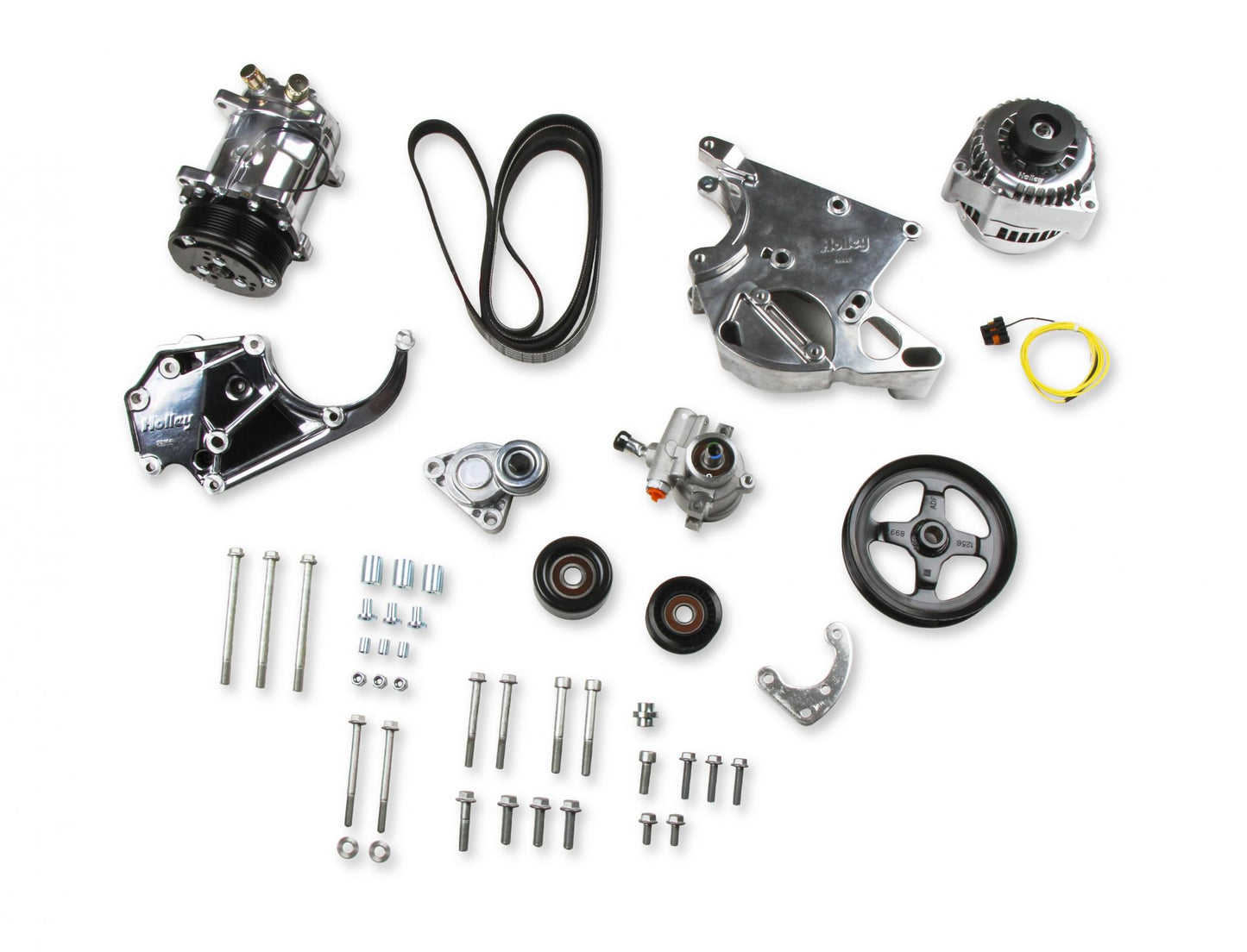 LS/LT High-Mount Complete Accessory Drive Kit- Polished Finish Includes SD508 A/C Compressor, Alternator, P/S Pump, Tensioner, Belt, & Pulleys Holley