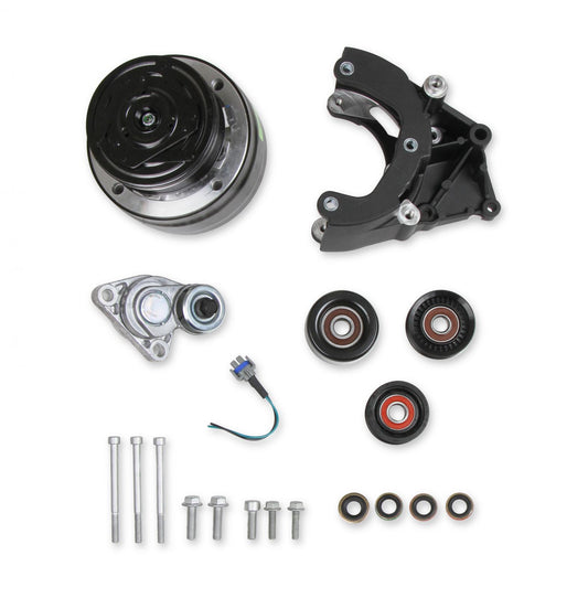 LS High-Mount A/C Accessory Drive Kit Includes R4 A/C Compressor, Tensioner, & Pulleys- Black Finish Passenger's Side A/C Bracket Includes R4 A/C Compressor, Tensioner, & Pulleys Holley