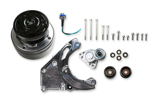 LS High-Mount A/C Accessory Drive Kit Includes R4 A/C Compressor, Tensioner, & Pulleys-Polished Passenger's Side A/C Bracket Includes R4 A/C Compressor, Tensioner, & Pulleys Holley