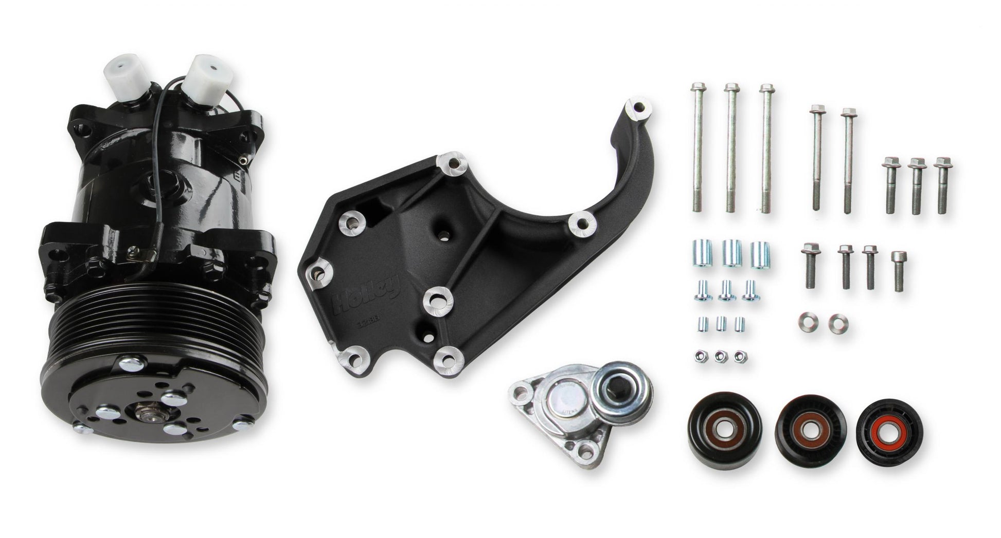 LS High-Mount A/C Accessory Drive Kit Includes SD508 A/C Compressor, Tensioner, & Pulleys- Black Finish Passenger's Side A/C Bracket Includes SD508 A/C Compressor, Tensioner, & Pulleys Holley