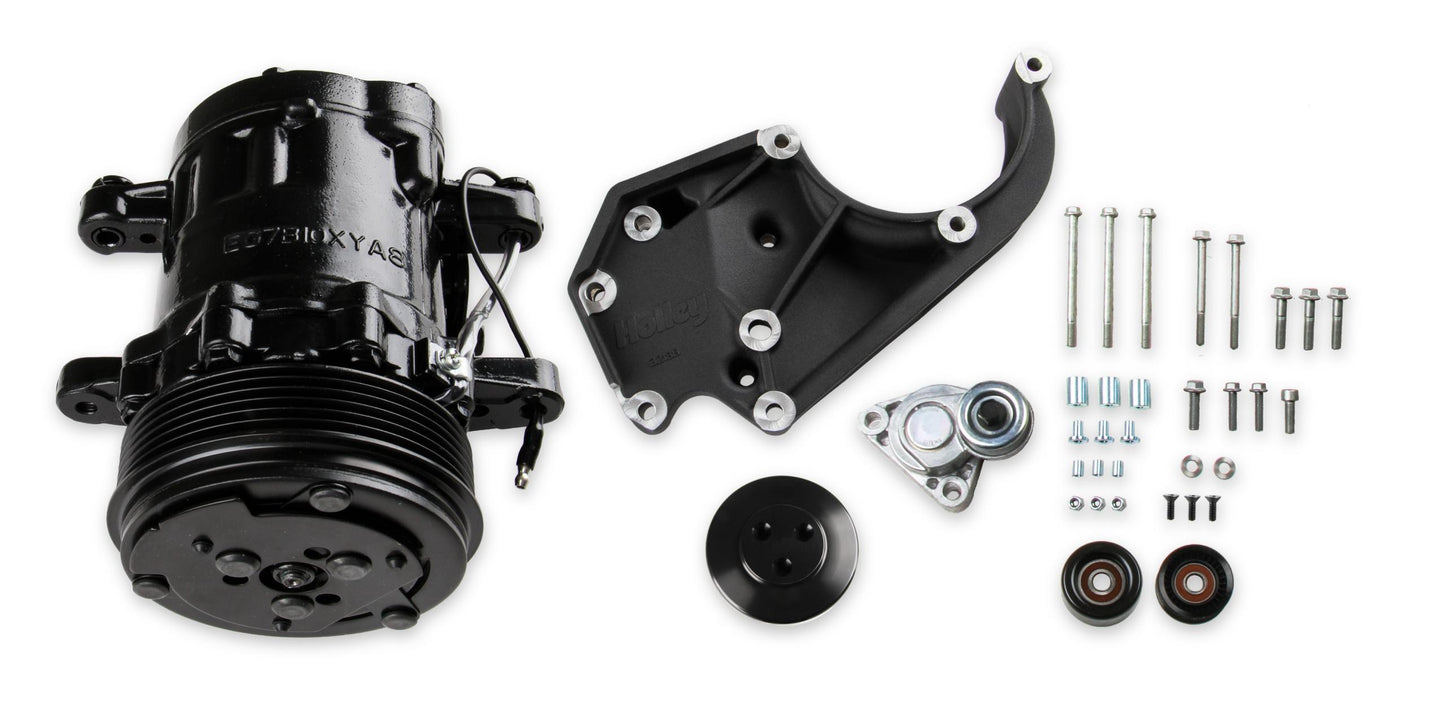 LS High-Mount A/C Accessory Drive Kit Includes SD7 A/C Compressor, Tensioner, & Pulleys- Black Finish Passenger's Side A/C Bracket Includes SD7 A/C Compressor, Tensioner, & Pulleys Holley