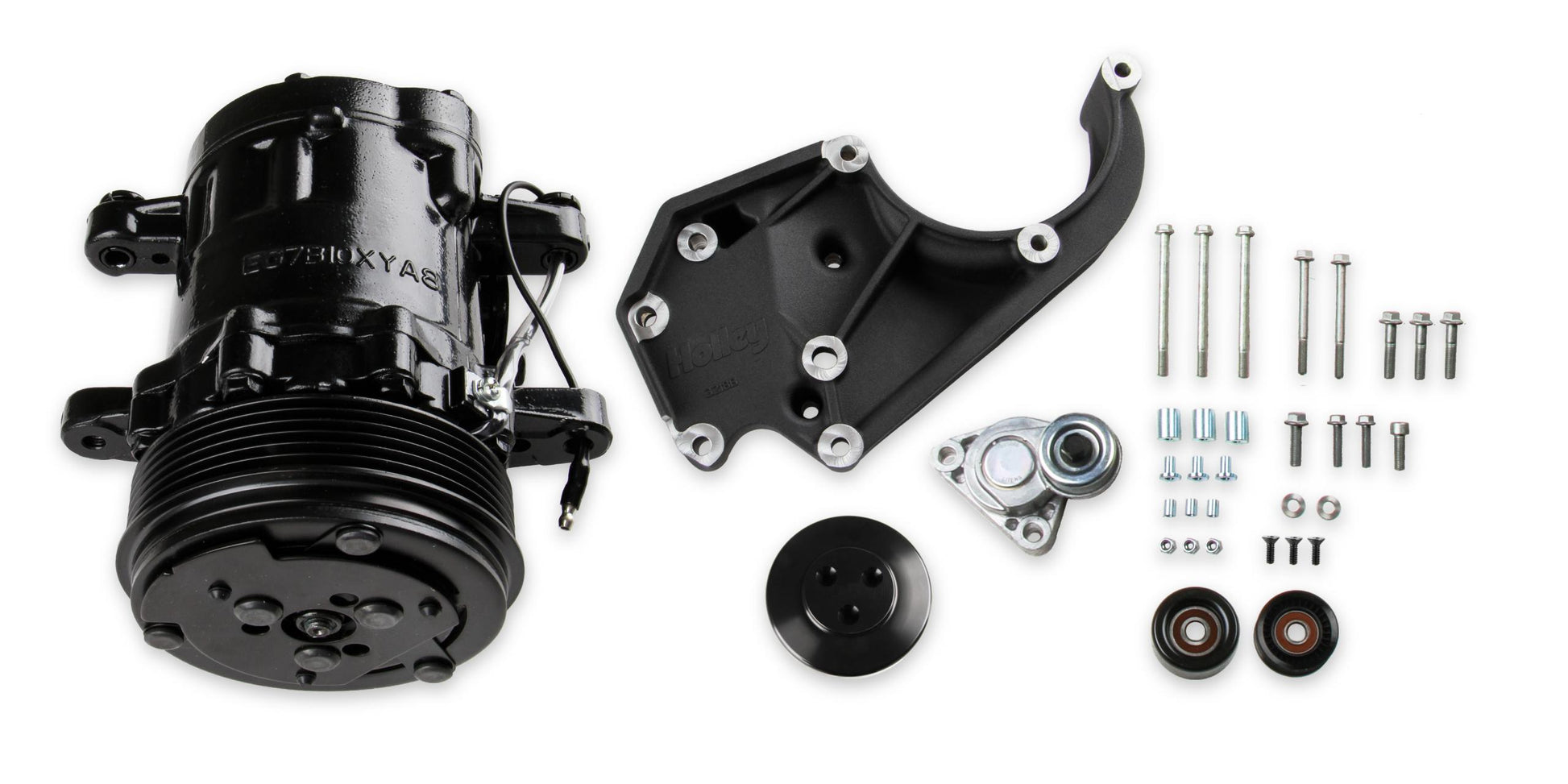 LS High-Mount A/C Accessory Drive Kit Includes SD7 A/C Compressor, Tensioner, & Pulleys- Black Finish Passenger's Side A/C Bracket Includes SD7 A/C Compressor, Tensioner, & Pulleys Holley