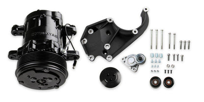LS High-Mount A/C Accessory Drive Kit Includes SD7 A/C Compressor, Tensioner, & Pulleys- Black Finish Passenger's Side A/C Bracket Includes SD7 A/C Compressor, Tensioner, & Pulleys Holley