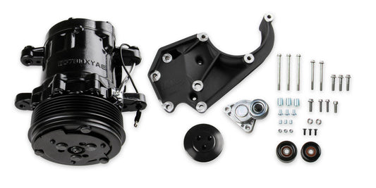 LS High-Mount A/C Accessory Drive Kit Includes SD7 A/C Compressor, Tensioner, & Pulleys- Black Finish Passenger's Side A/C Bracket Includes SD7 A/C Compressor, Tensioner, & Pulleys Holley