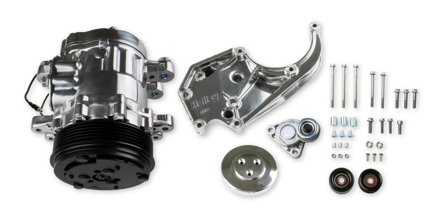 LS High-Mount A/C Accessory Drive Kit Includes SD7 A/C Compressor, Tensioner, & Pulleys- Polished Finish Passenger's Side A/C Bracket Includes SD7 A/C Compressor, Tensioner, & Pulleys Holley