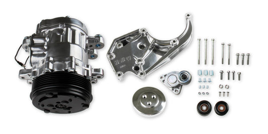 LS High-Mount A/C Accessory Drive Kit Includes SD7 A/C Compressor, Tensioner, & Pulleys- Polished Finish Passenger's Side A/C Bracket Includes SD7 A/C Compressor, Tensioner, & Pulleys Holley