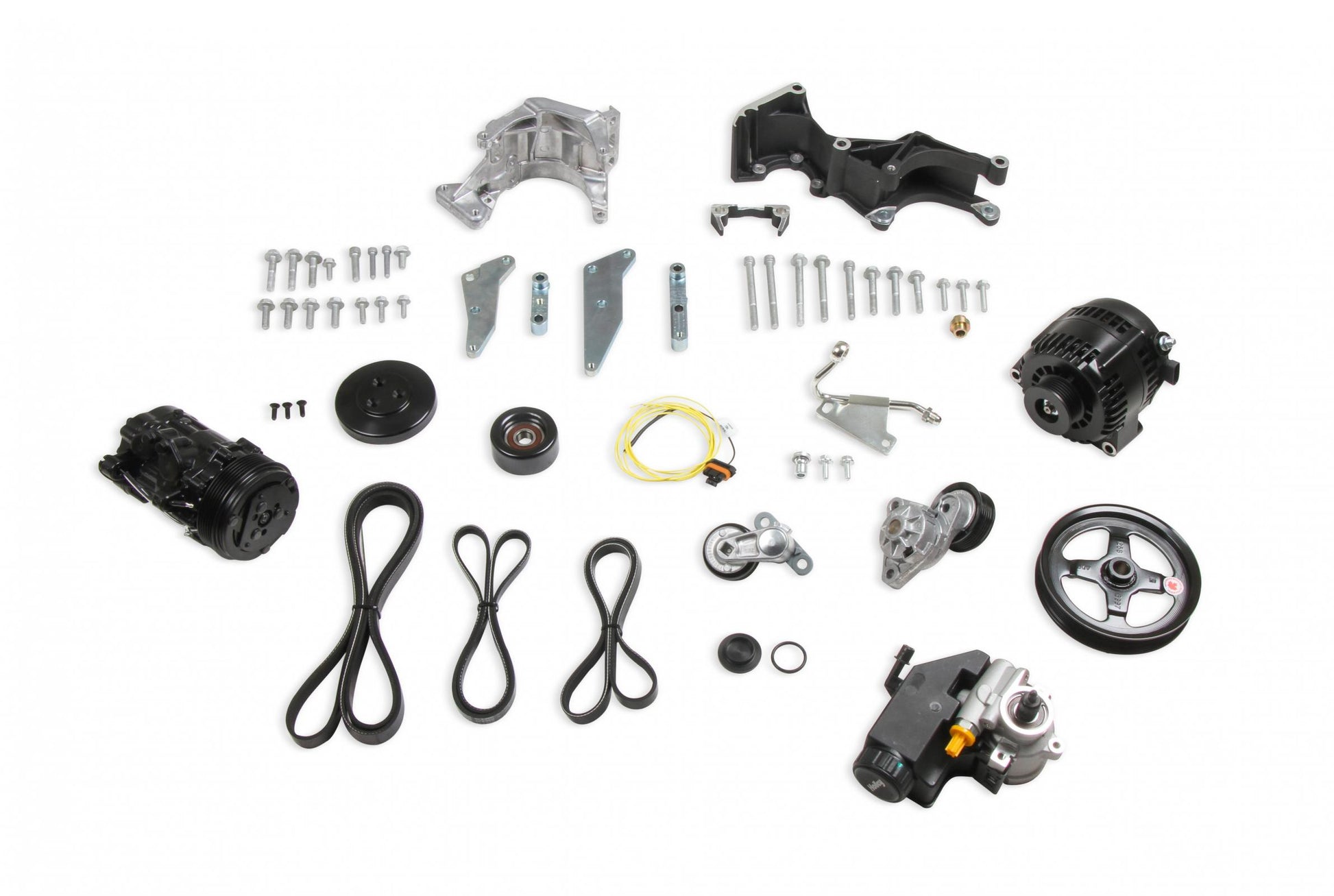 Low-Mount LS Complete Accessory Drive System (alt, P/S & A/C) Black Finish Includes SD7 A/C Compressor, Alternator, P/S Pump, Tensioner, Belt, & Pulleys Holley-4