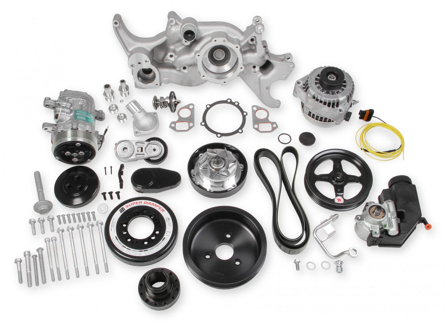 Premium Mid-Mount Complete Accessory System LS Engine Drive Includes SD7 A/C Compressor, Alternator, P/S Pump, Tensioner, SFI Certified Damper W/hard Anodized Billet Crank Pulley, Belt, & Pulleys Holley