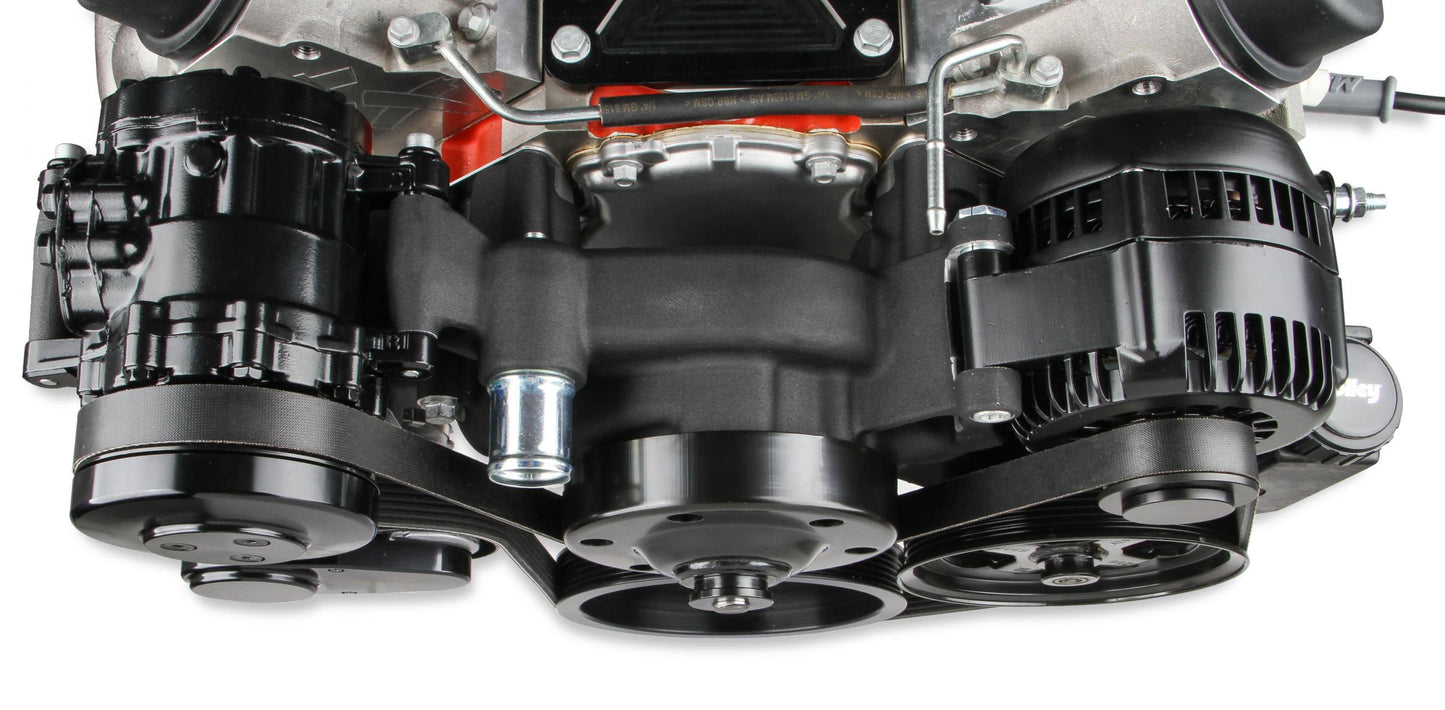 Premium Black Mid-Mount Complete Accessory System LS Engine Drive Includes SD7 A/C Compressor, Alternator, P/S Pump, Tensioner, SFI Certified Damper W/hard Anodized Billet Crank Pulley, Belt, & Pulleys Holley-2