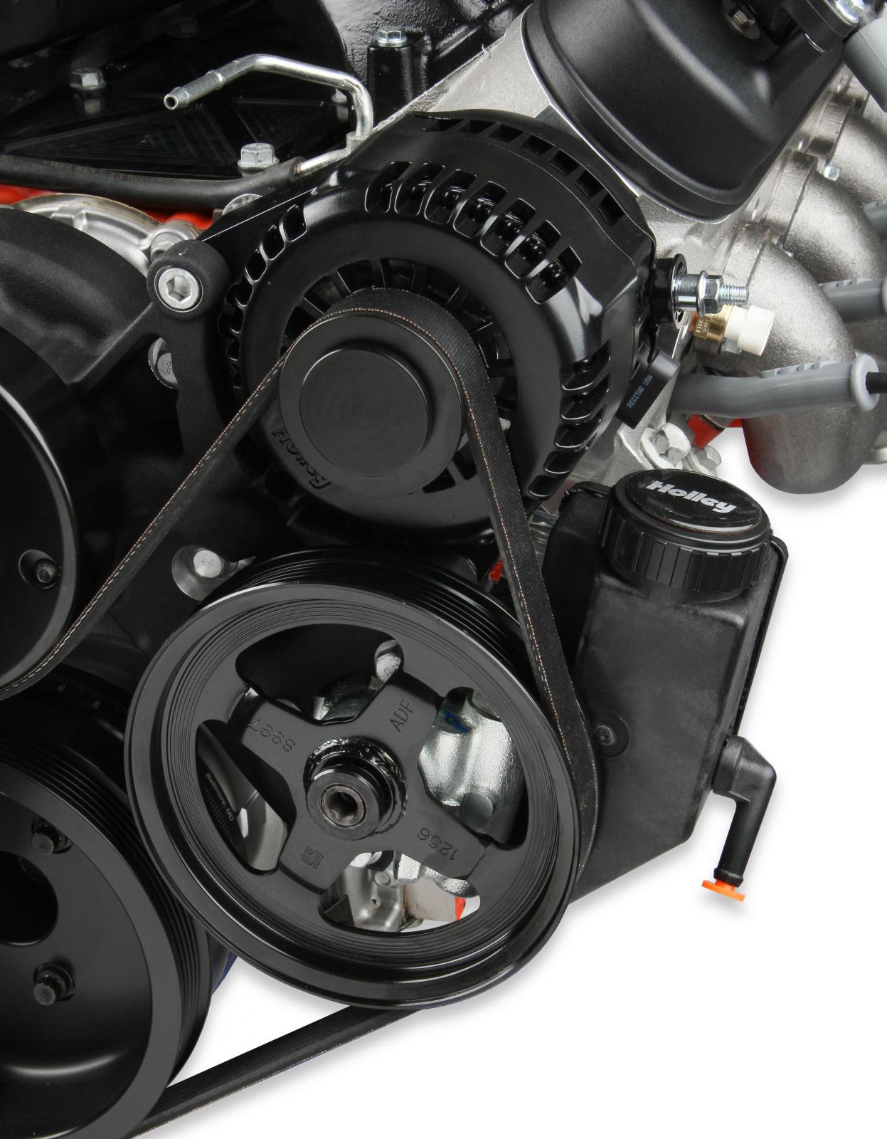 Premium Black Mid-Mount Complete Accessory System LS Engine Drive Includes SD7 A/C Compressor, Alternator, P/S Pump, Tensioner, SFI Certified Damper W/hard Anodized Billet Crank Pulley, Belt, & Pulleys Holley-4