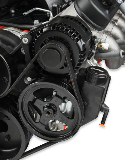 Premium Black Mid-Mount Complete Accessory System LS Engine Drive Includes SD7 A/C Compressor, Alternator, P/S Pump, Tensioner, SFI Certified Damper W/hard Anodized Billet Crank Pulley, Belt, & Pulleys Holley-4