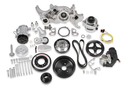 Premium Polished Mid-Mount Complete Accessory System LS Engine Drive Includes SD7 A/C Compressor, Alternator, P/S Pump, Tensioner, SFI Certified Damper W/hard Anodized Billet Crank Pulley, Belt, & Pulleys Holley