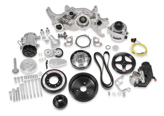 Premium Polished Mid-Mount Complete Accessory System LS Engine Drive Includes SD7 A/C Compressor, Alternator, P/S Pump, Tensioner, SFI Certified Damper W/hard Anodized Billet Crank Pulley, Belt, & Pulleys Holley