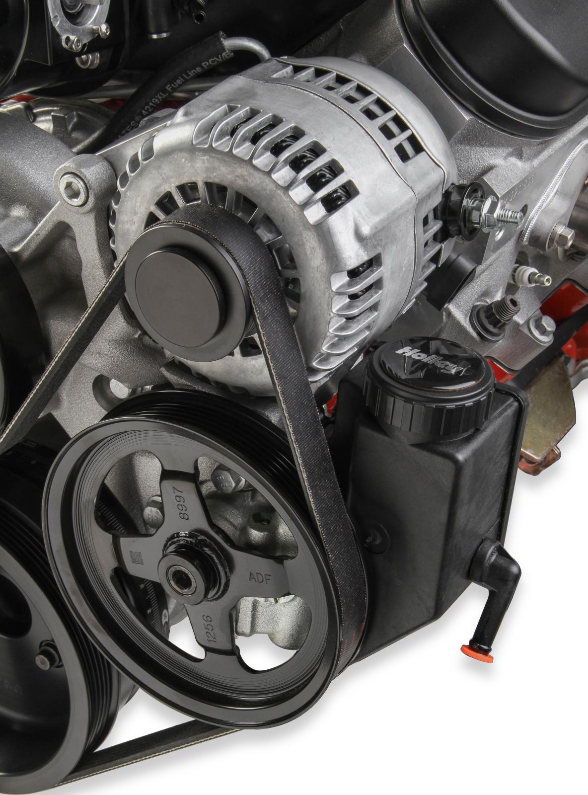 Premium Mid-Mount Complete Accessory System LS Engine Drive Includes SD7 A/C Compressor, Alternator, P/S Pump, Tensioner, SFI Certified Damper W/hard Anodized Billet Crank Pulley, Belt, & Pulleys Holley-7