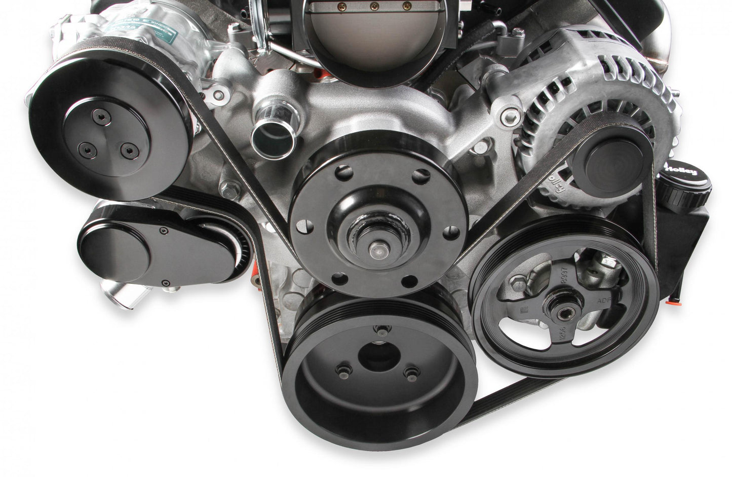 Premium Mid-Mount Complete Accessory System LS Engine Drive Includes SD7 A/C Compressor, Alternator, P/S Pump, Tensioner, SFI Certified Damper W/hard Anodized Billet Crank Pulley, Belt, & Pulleys Holley-8